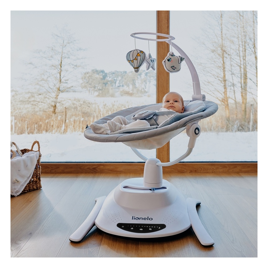 Lionelo - Mecedora infantil con melodía BELLA Grey Concrete + mando a distancia