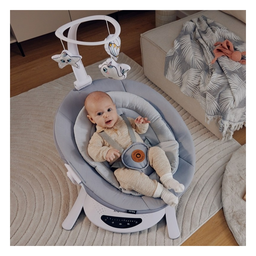 Lionelo - Mecedora infantil con melodía BELLA Grey Concrete + mando a distancia