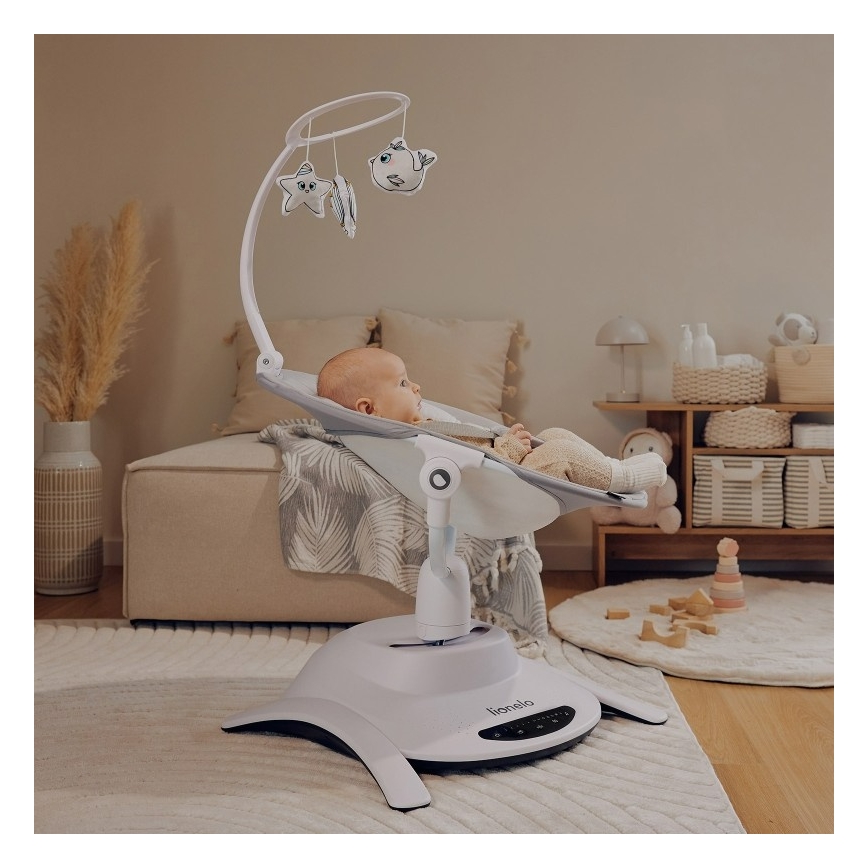 Lionelo - Mecedora infantil con melodía BELLA Grey Concrete + mando a distancia