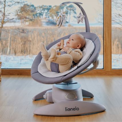 Lionelo - Mecedora infantil con melodía MELL Grey Stone 4xAA + control remoto