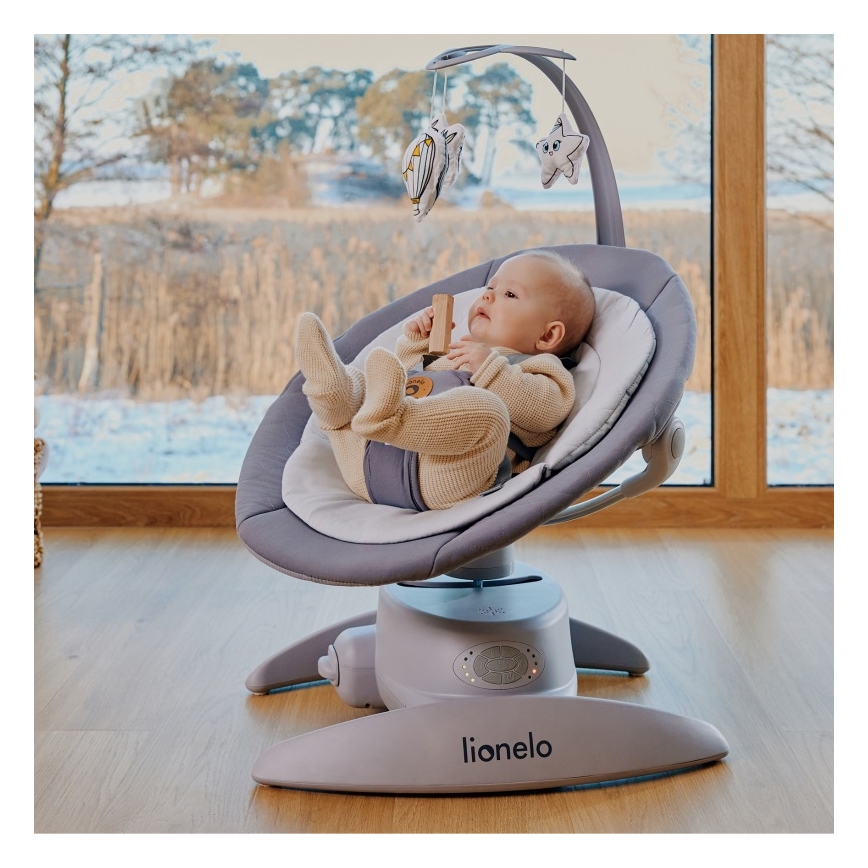 Lionelo - Mecedora infantil con melodía MELL Grey Stone 4xAA + control remoto