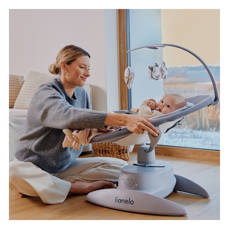Lionelo - Mecedora infantil con melodía MELL Grey Stone 4xAA + control remoto