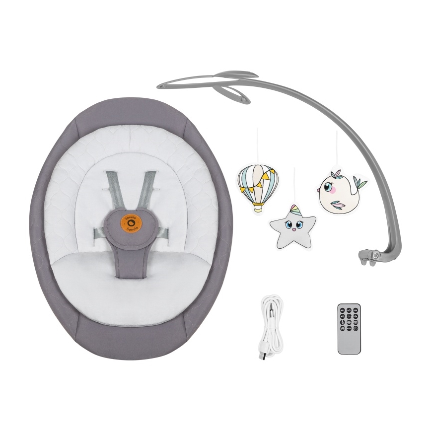 Lionelo - Mecedora infantil con melodía MELL Grey Stone 4xAA + control remoto