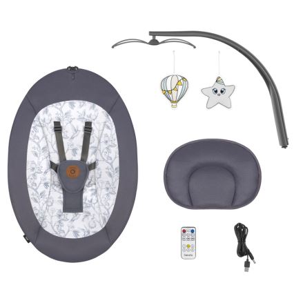 Lionelo - Mecedora infantil con melodía RALF 4xAA gris y blanco + mando a distancia