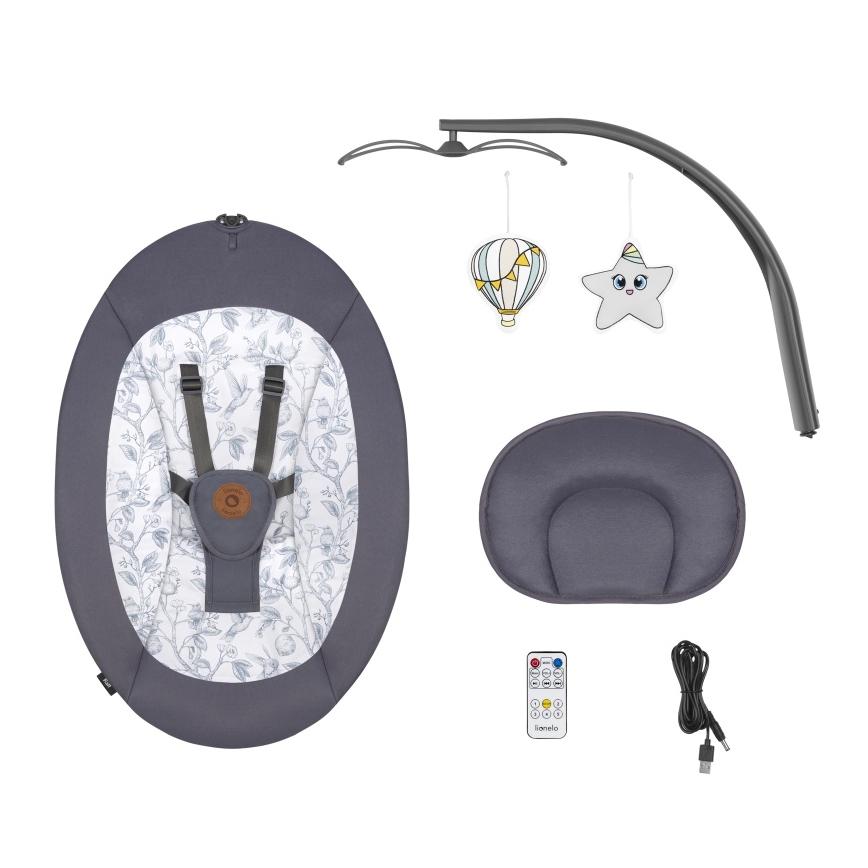 Lionelo - Mecedora infantil con melodía RALF 4xAA gris y blanco + mando a distancia