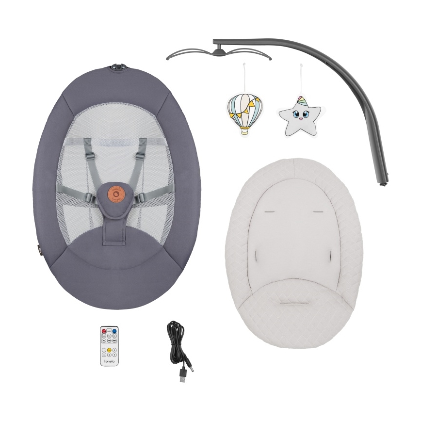 Lionelo - Mecedora infantil con melodía RINA 4xAA Gris Concreto + control remoto