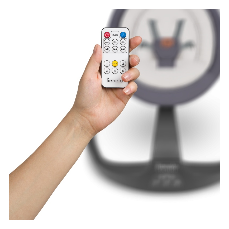 Lionelo - Mecedora infantil con melodía RINA 4xAA Gris hormigón + mando a distancia