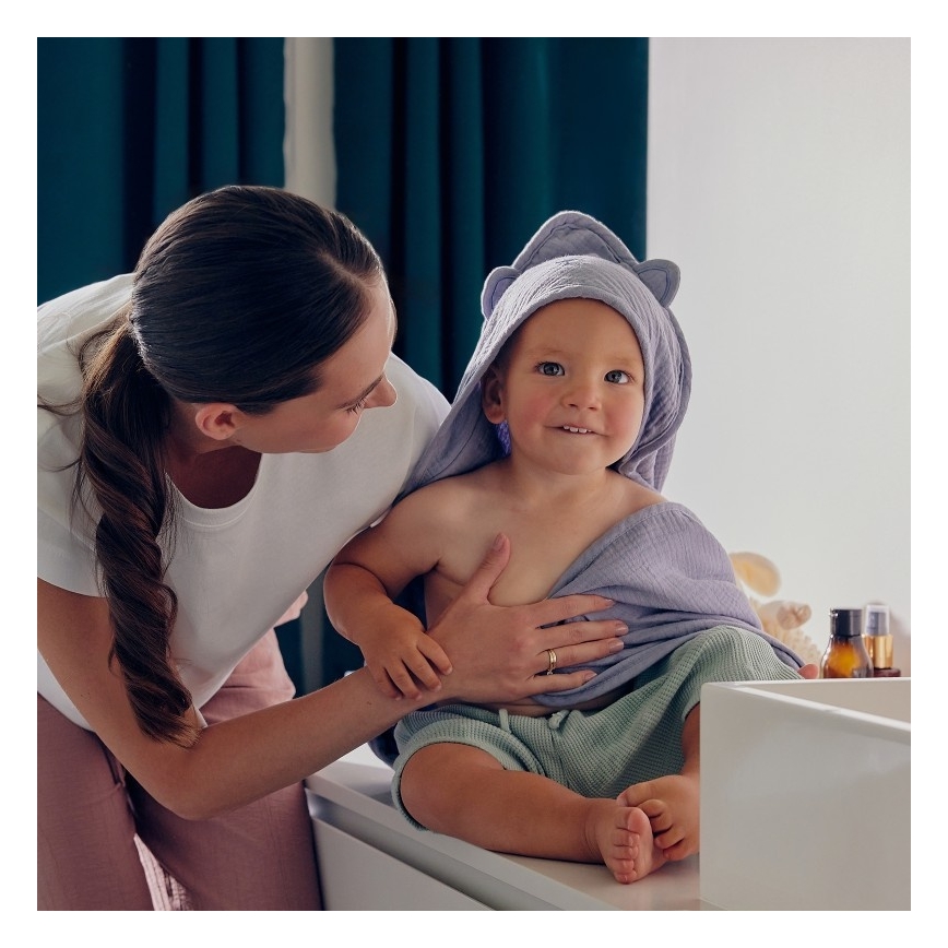 Lionelo - Toalla con capucha para bebés MUSLIN HOODED TOWEL Gris Cielo