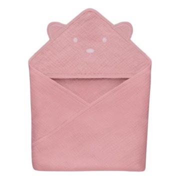 Lionelo - Toalla de baño para niños con capucha MUSLIN HOODED TOWEL Pink Baby