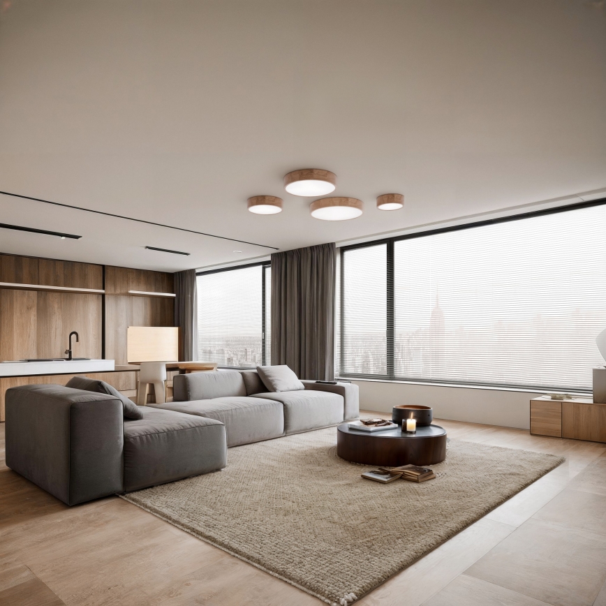 Lámpara de techo CLEO con sensor de movimiento y de crepúsculo, 6xE27/24W/230V, Ø 80 cm, roble