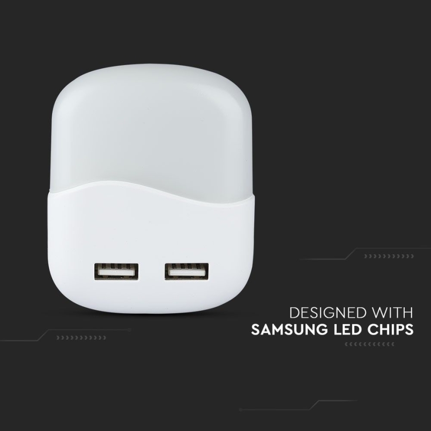 Luz nocturna LED con sensor crepuscular para enchufe 2xUSB LED/0,45W/230V 4000K