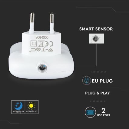 Luz nocturna LED con sensor crepuscular para enchufe 2xUSB LED/0,45W/230V 4000K