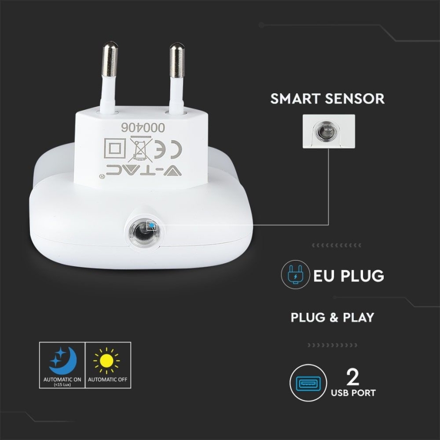 Luz nocturna LED con sensor crepuscular para enchufe 2xUSB LED/0,45W/230V 4000K