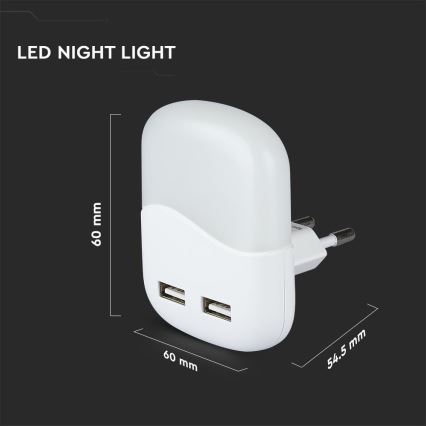 Luz nocturna LED con sensor crepuscular para enchufe 2xUSB LED/0,45W/230V 4000K