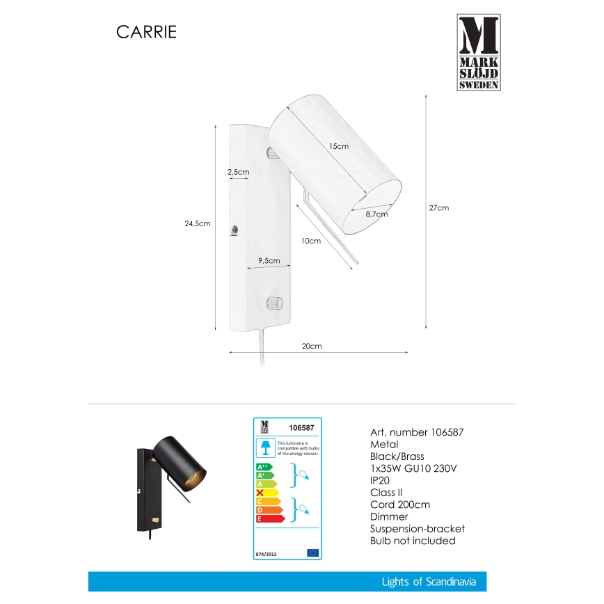 Markslöjd 106587 - Aplique regulable CARRIE 1xGU10/35W/230V negro