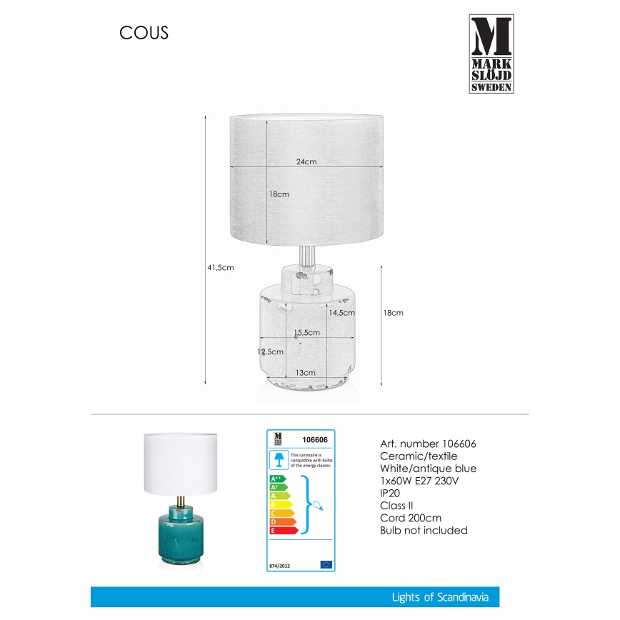 Markslöjd 106606 - Lámpara de mesa COUS 1xE27/60W/230V
