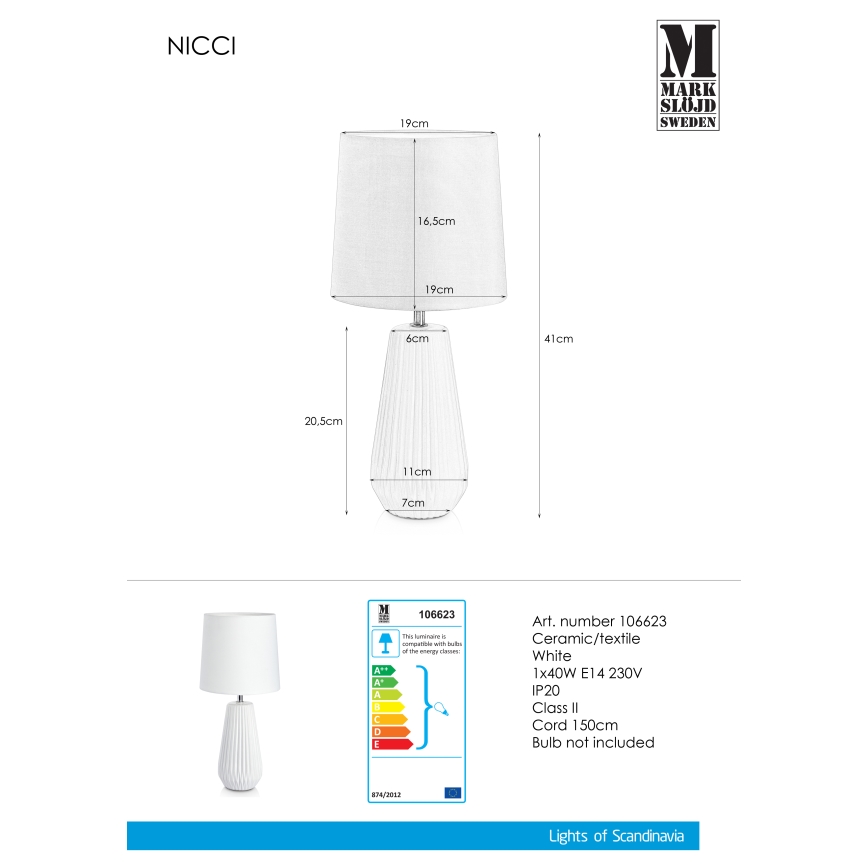Markslöjd 106623 - Lámpara de mesa NICCI 1xE14/40W/230V