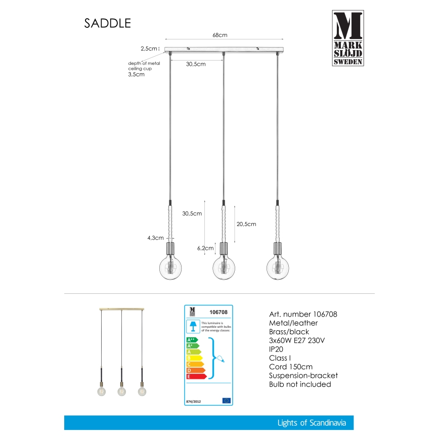 Markslöjd 106708 - Lámpara suspendida con alambre SEDLO 3xE27/60W/230V