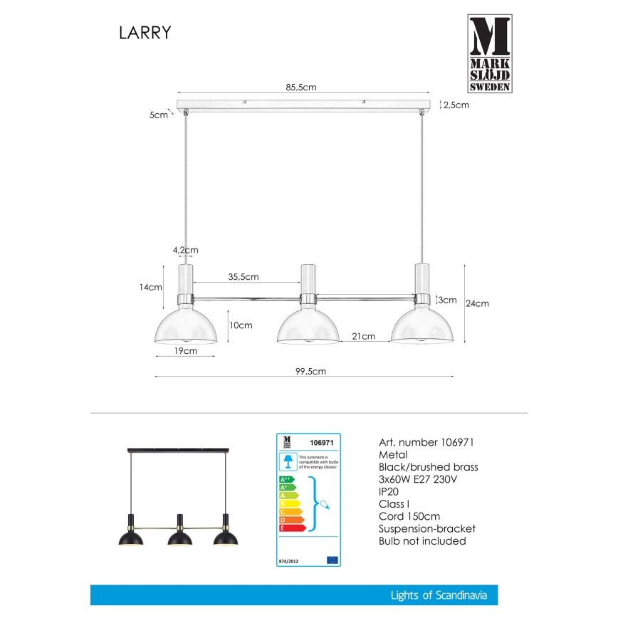 Markslöjd 106971 - Lámpara colgante LARRY 3xE27/60W/230V negro/dorado