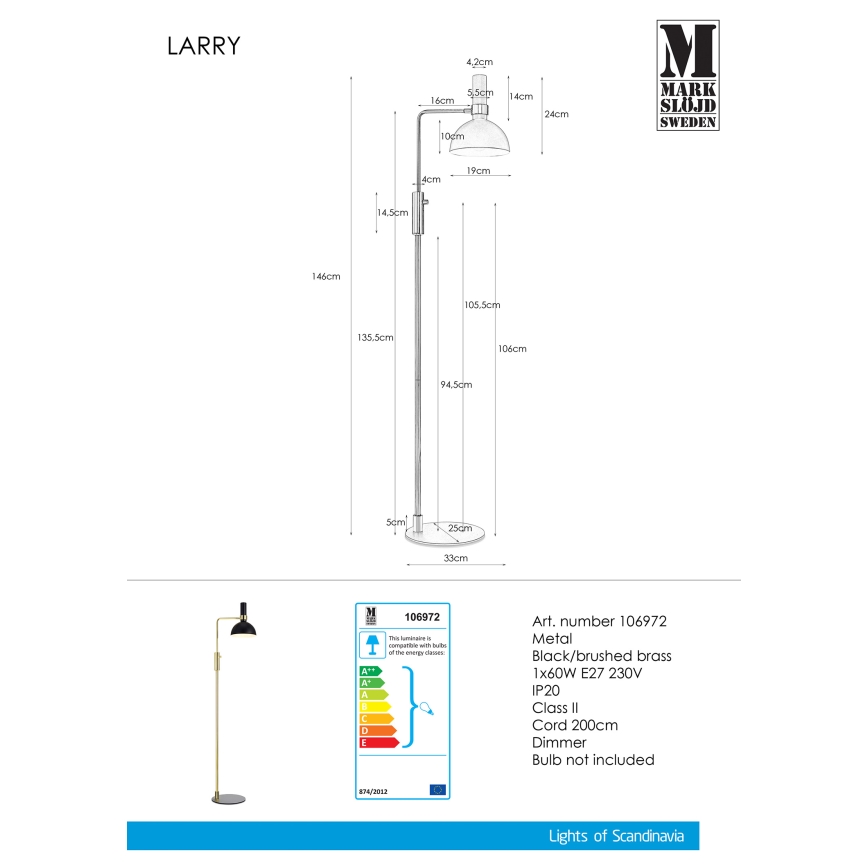 Markslöjd 106972 - Lámpara de pie con dimmer LARRY 1xE27/60W/230V negro/oro