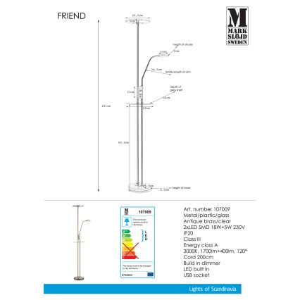 Markslöjd 107009 - LED Lámpara de pie regulable FRIEND LED/18W/230V + LED/5W