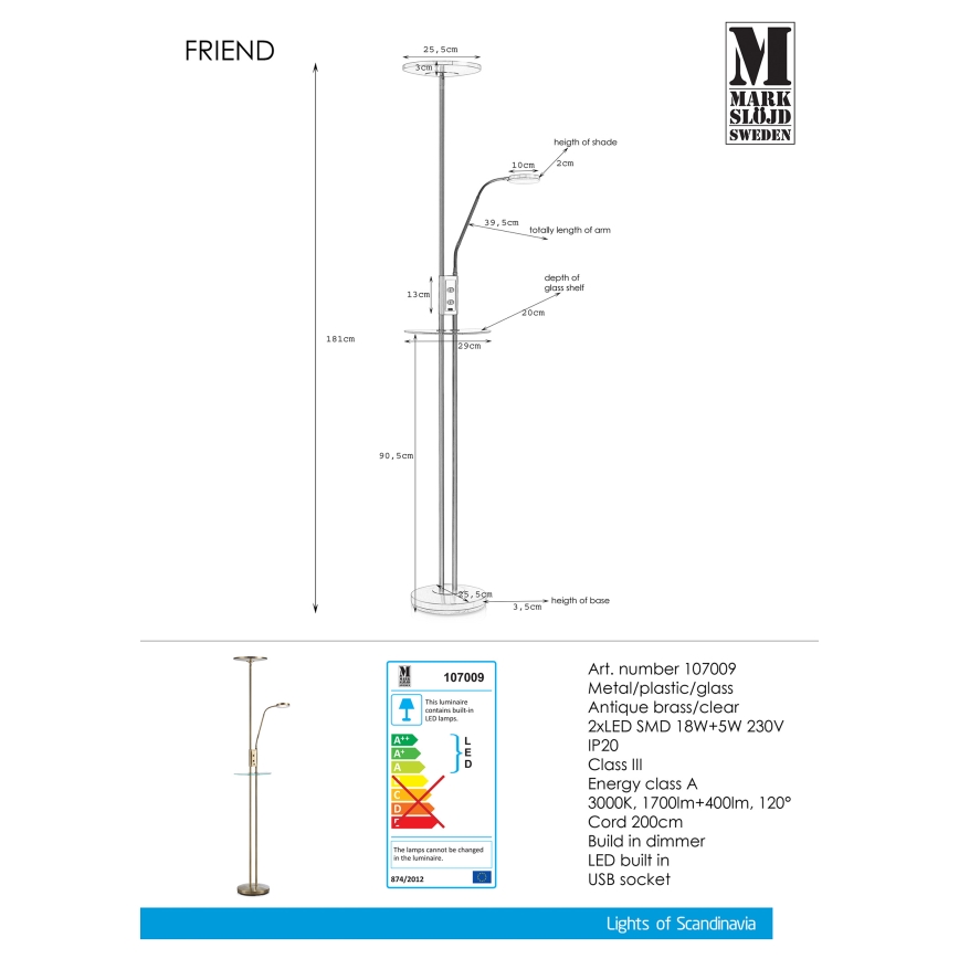 Markslöjd 107009 - LED Lámpara de pie regulable FRIEND LED/18W/230V + LED/5W