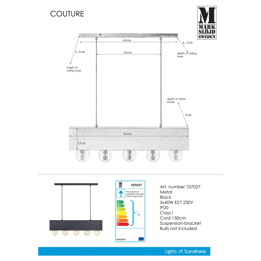 Markslöjd 107037 - Lámpara suspendida con alambre COUTURE 5xE27/40W/230V negro