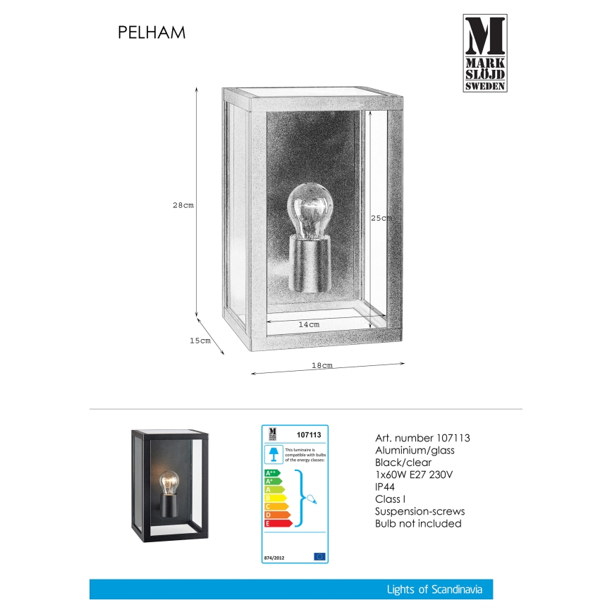 Markslöjd 107113 - Aplique de exterior PELHAM 1xE27/60W/230V IP44 negro