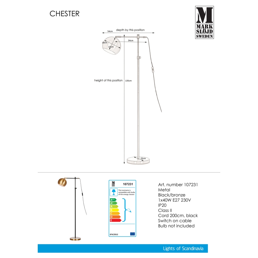 Markslöjd 107231 - Lámpara de pie CHESTER 1xE27/40W/230V negro/bronce
