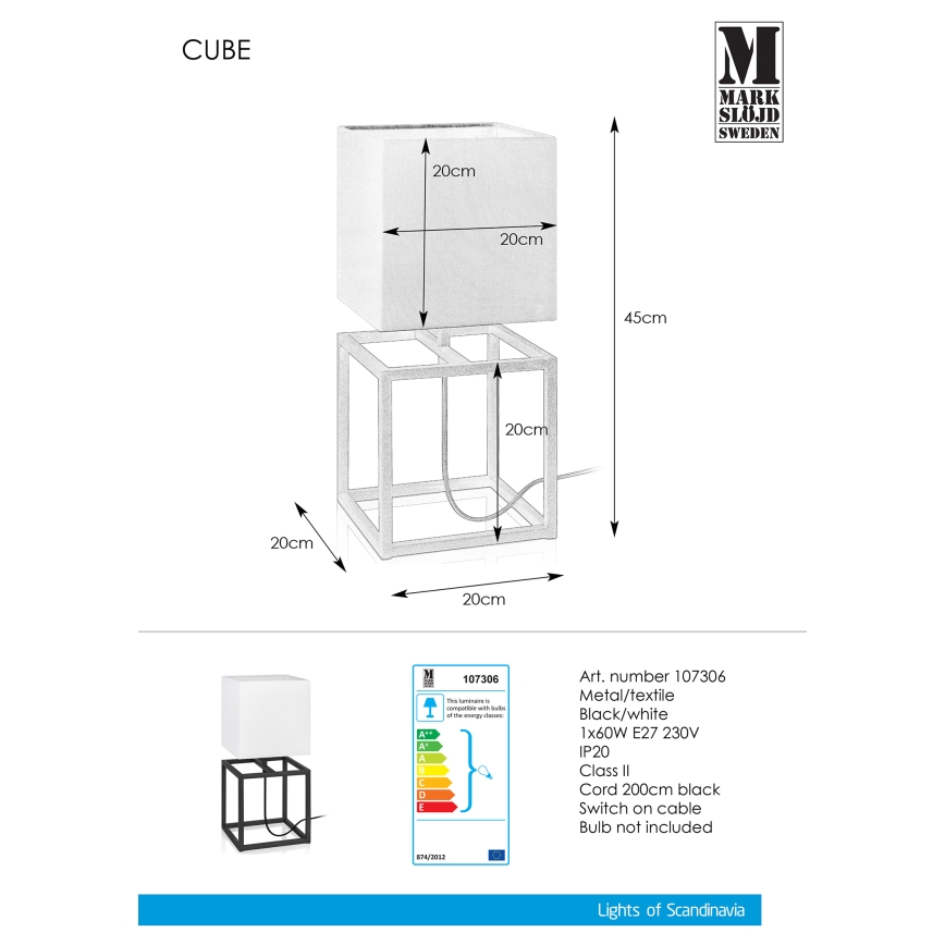 Markslöjd 107306 - Lámpara de mesa CUBE 1xE27/60W/230V