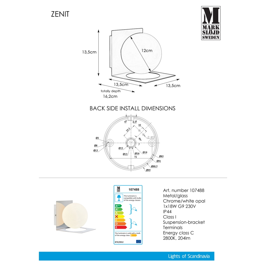 Markslöjd 107488 - Aplique de baño ZENIT 1xG9/18W/230V IP44
