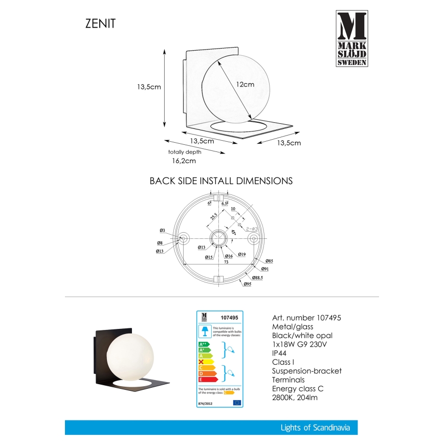 Markslöjd 107495 - Aplique de baño ZENIT 1xG9/18W/230V IP44