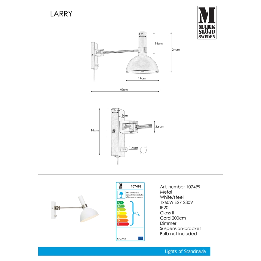 Markslöjd 107499 - Aplique regulable LARRY 1xE27/60W/230V