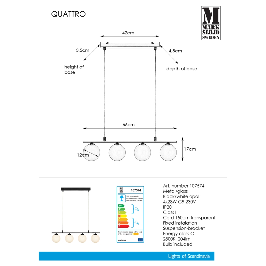 Markslöjd 107574 - Lámpara colgante con cable QUATTRO 4xG9/28W/230V