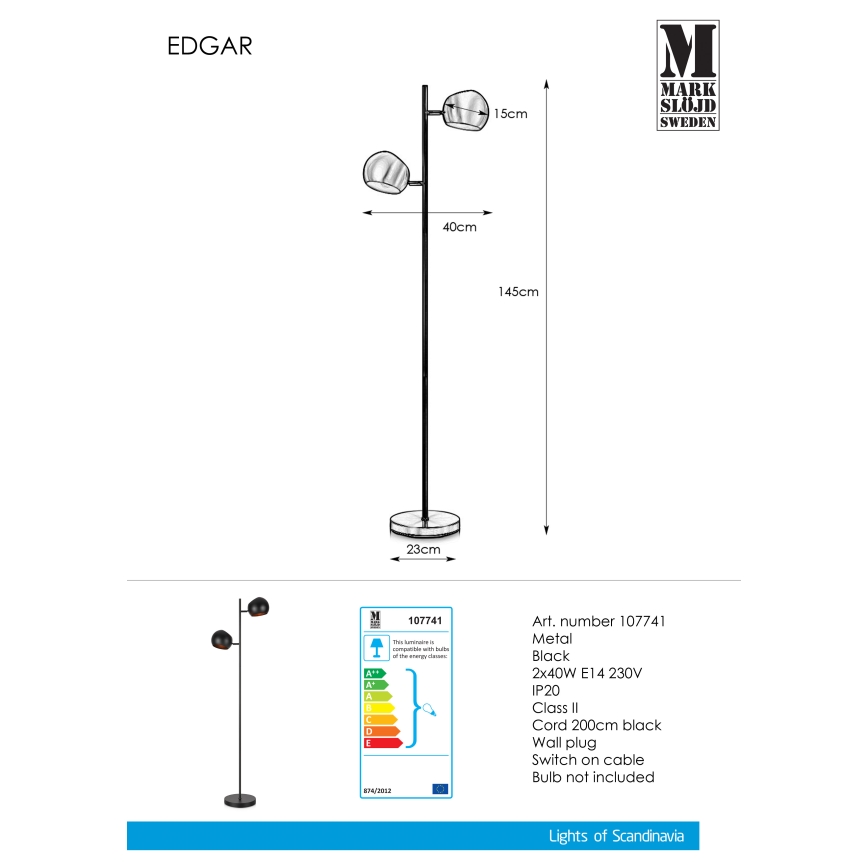 Markslöjd 107741 - Lámpara de pie EDGAR 2xE14/40W/230V