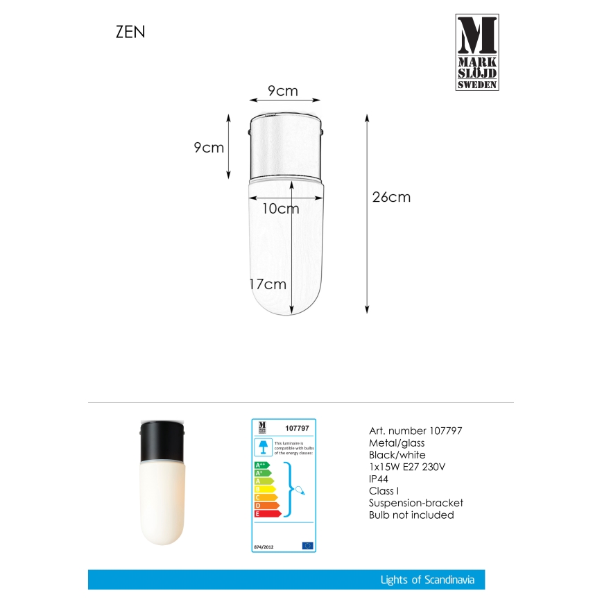 Markslöjd 107797 - Plafón de baño ZEN 1xE27/15W/230V IP44
