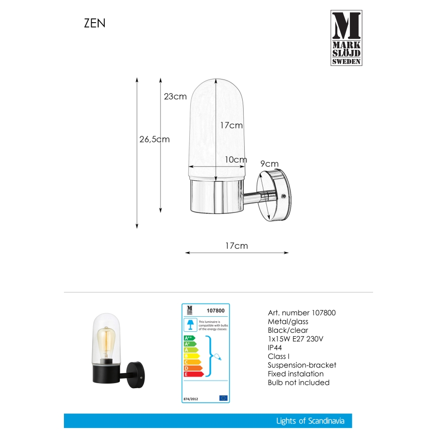 Markslöjd 107800 - Aplique de baño ZEN 1xE27/15W/230V IP44
