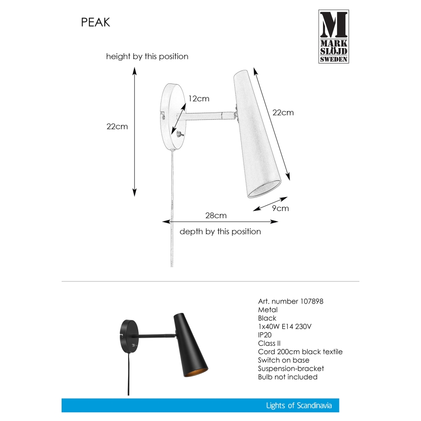 Markslöjd 107898 - Aplique PEAK 1xE14/40W/230V