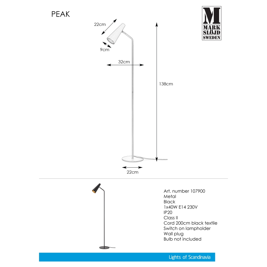 Markslöjd 107900 - Lámpara de pie PEAK 1xE14/40W/230V