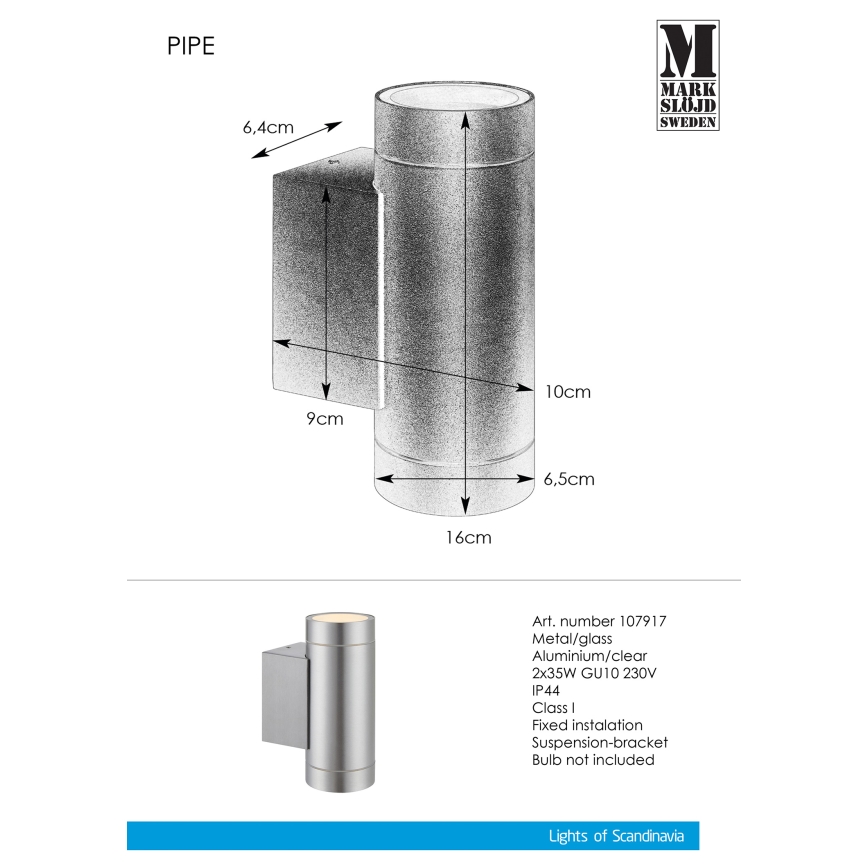 Markslöjd 107917 - Aplique exterior PIPE 2xGU10/35W/230V IP44