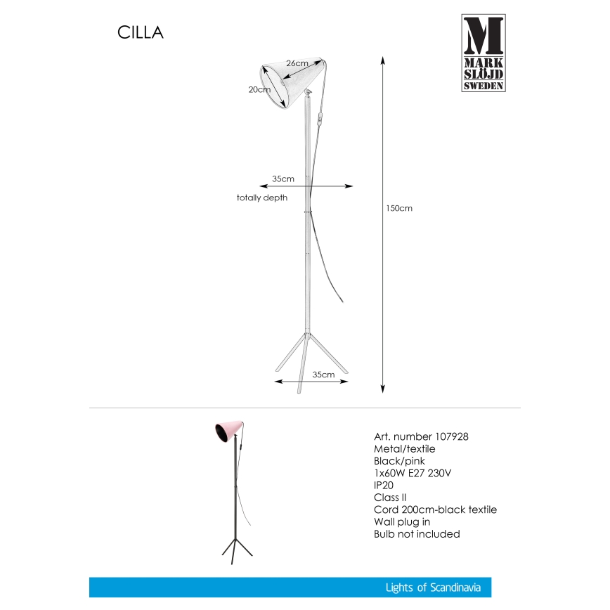 Markslöjd 107928 - Lámpara de pie CILLA 1xE27/60W/230V