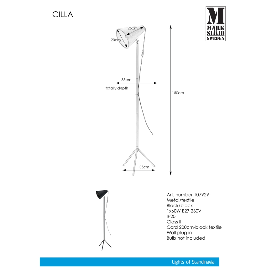 Markslöjd 107929 - Lámpara de pie CILLA 1xE27/60W/230V
