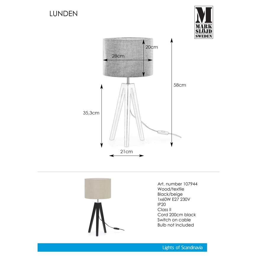 Markslöjd 107944 - Lámpara de mesa LUNDEN 1xE27/60W/230V