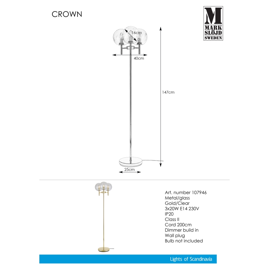 Markslöjd 107946 - Lámpara de pie CROWN 3xE14/20W/230V
