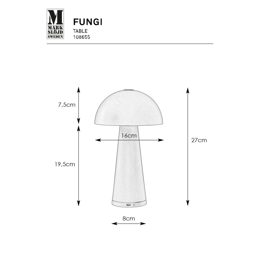Markslöjd 108655 - Lámpara LED recargable y regulable FUNGI LED/1,5W/5V IP44 negro