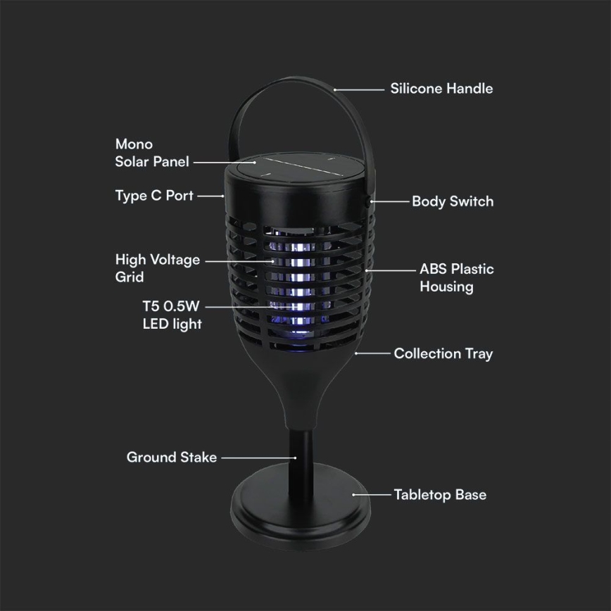 Matainsectos solar LED 3en1 LED/1,3W/3,7V IP24 20 mm 2200 mAh