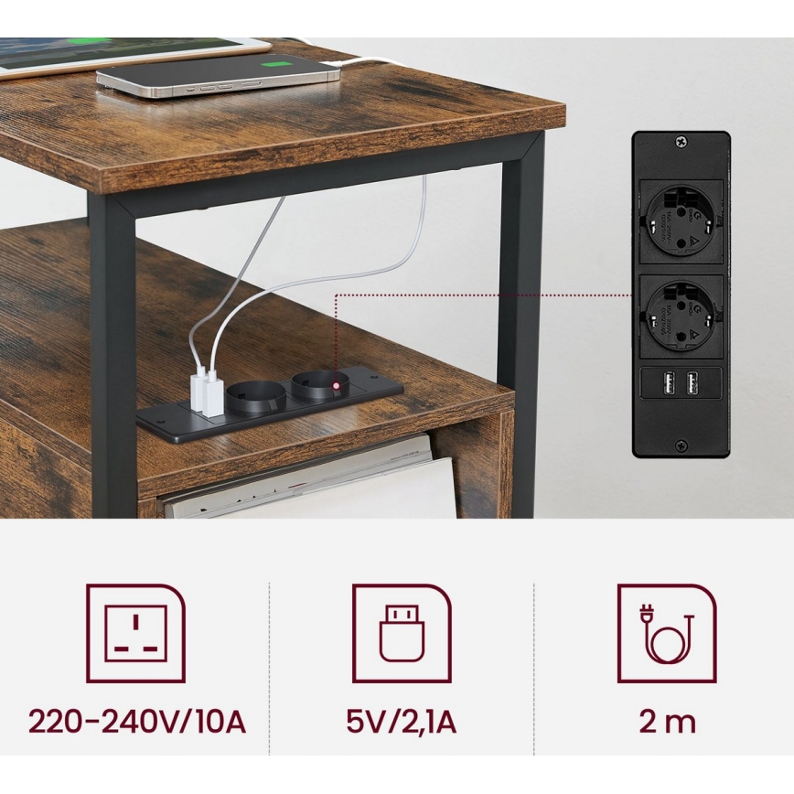 Mesa auxiliar con enchufes integrados y puertos USB ROD marrón/negro