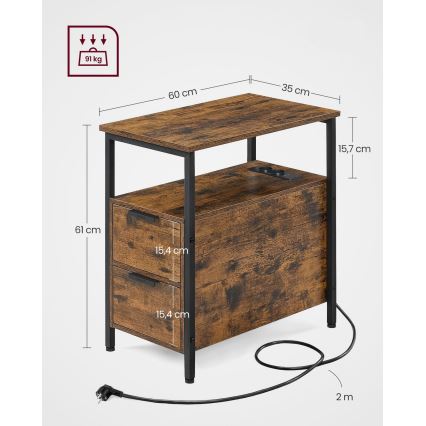 Mesa auxiliar con enchufes integrados y puertos USB ROD marrón/negro
