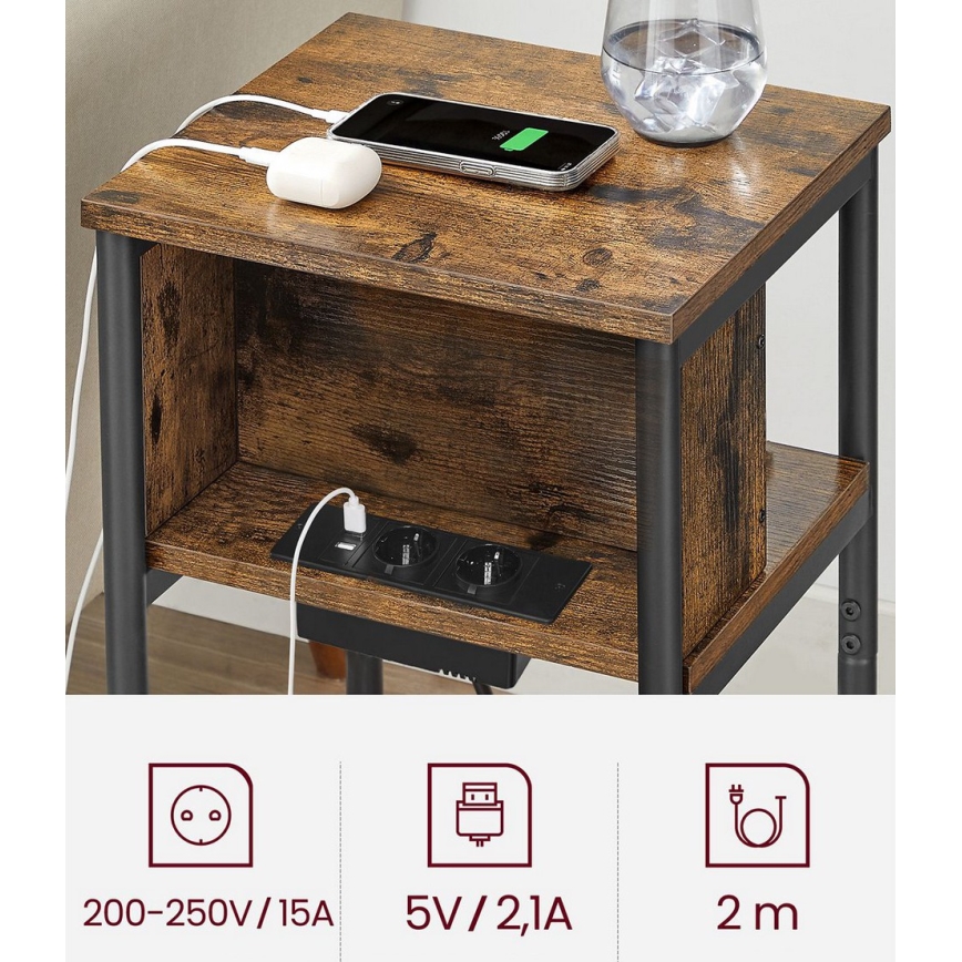 Mesa auxiliar con enchufes integrados y puertos USB ROD marrón/negro