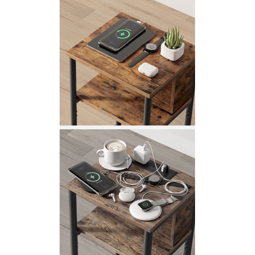 Mesa auxiliar con enchufes integrados y puertos USB ROD marrón/negro